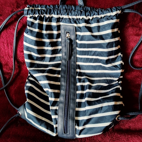 Women's navy blue and white striped lightweight backpack bag zipper back handle - Picture 3 of 5